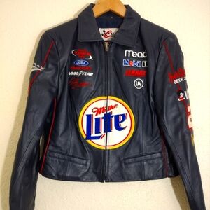 Blue Leather Miller Lite Rusty Wallace Chase Authentics Full Zip Riding Jacket